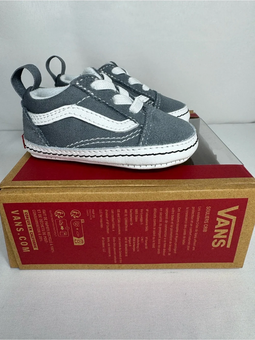 Vans Baby Crib Gray & White Classic Slip-On Style Sneakers